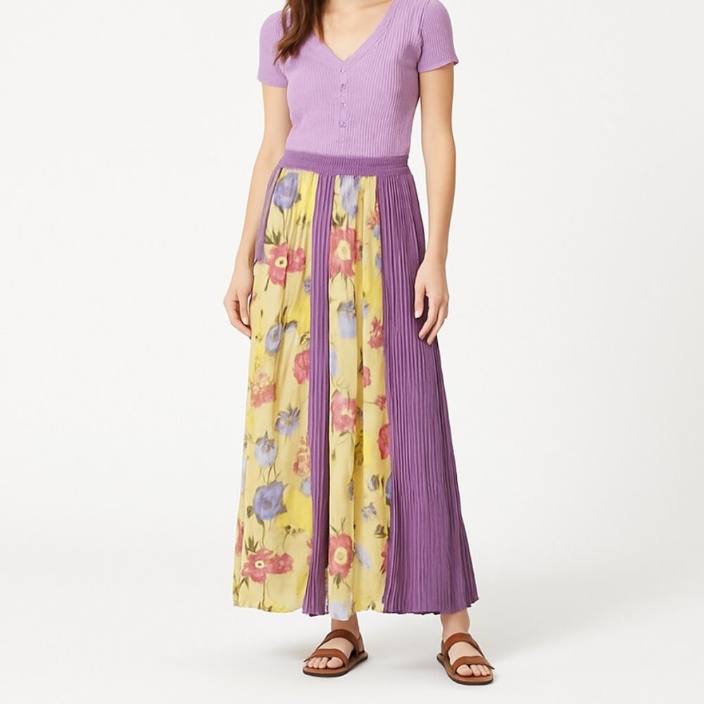 CACTUS‎ FLOWER x VINTAGE pull on maxi skirt yellow purple floral gingham